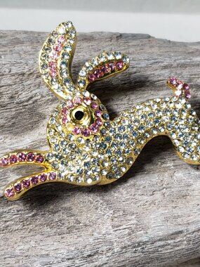 Bunny Rabbit Rhinestone Brooch Clear and Pink Stones New